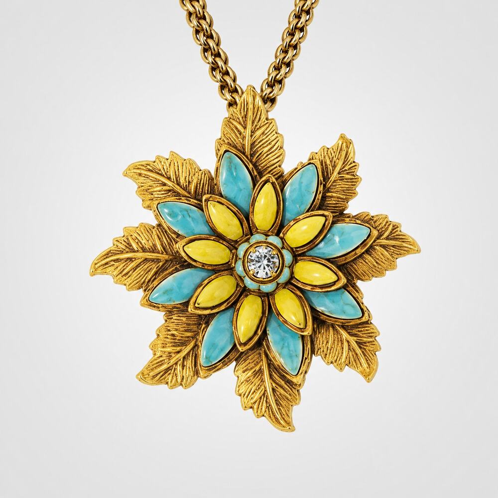 Vintage Floral Pendant Necklace Blue Green Enamel Gold-Tone Flower 18" blu2-42‎